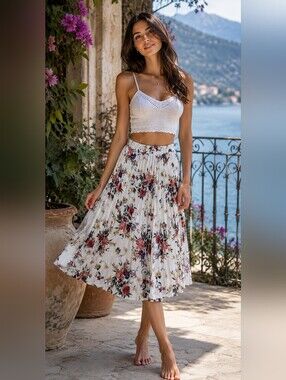 SHEIN XS White Floral Pleated Midi Skirt Lightweight Flowy Spring Summer Skirt
